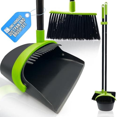 Image of Long Handled Dustpan and Brush Set with Built In Brush Cleaner - Indoor Broom and Dustpan Set for Floor Cleaning Tall Dust Pan and Brush - Indoor Dustpan and Brush Sets (Black and Green)