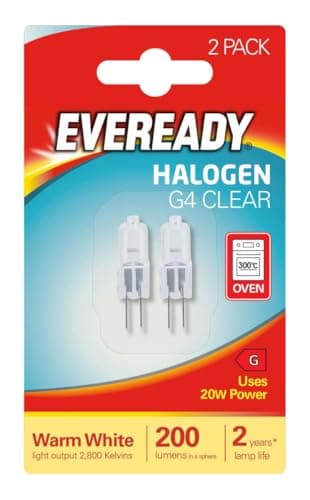 Image of 2 x Eveready G4 20W 12V Halogen Capsule Light Bulbs, Dimmable Lamps, 240 Lumen, 2000 Hours Life, Clear Finish