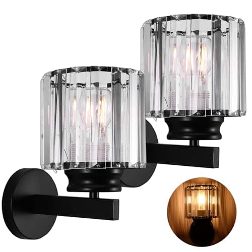 Image of 2 Pack Modern Crystal Wall Light Sconce - E27 Black Crystal Wall Lights, Wall Sconces Wall Lighting Fixtures, Indoor Wall lamp for Bedside Bedroom Living Room Corridor Dining Room Hallway Stair