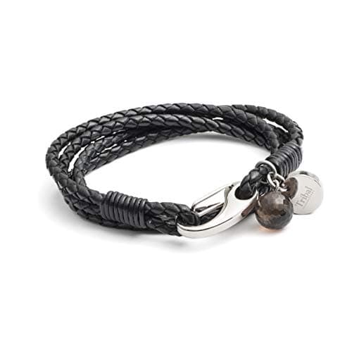 Image of Tribal Steel Black Leather Bracelet for Women - Ladies 19cm Leather Charm Bracelet with a Crystal Charm, Stainless Steel Clasp
