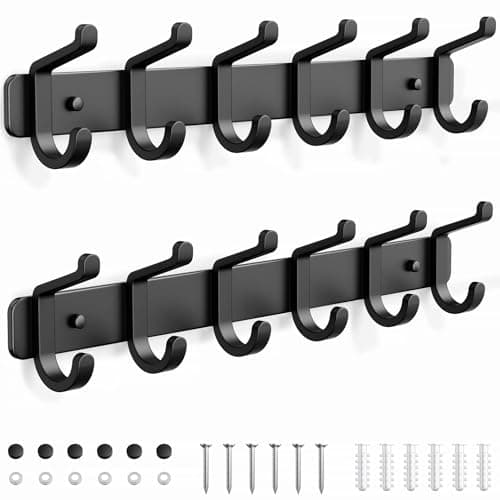 Image of pickpiff Coat Rack Wall Mounted Heavy-Duty: Metal Coat Hanger 6 Hooks for Hanging Hat, Clothes, Robe, Keys, Backpack, Bathroom Towels, Jacket, Purse - Closet, Door, Entryway, Mudroom (Black, 2 Pack)