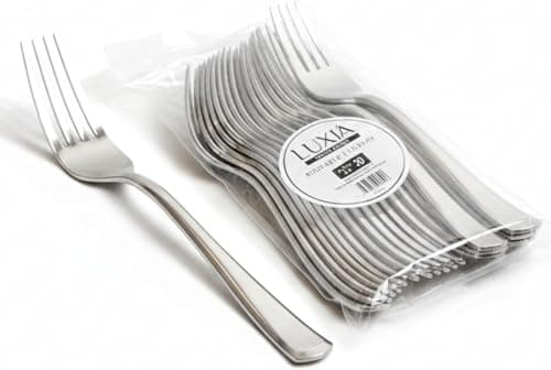 Image of Playlearn Luxia Reusable Silver Plastic Cutlery Fork, 20pcs Bulk Pack Durable Elegant Cutlery, 18.5cm Heavy Duty Dinnerware for Weddings, Catered Events
