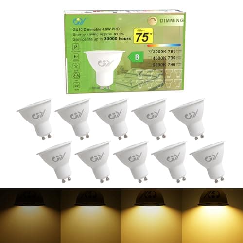 Image of GY Dimmable GU10 Warm White 780 Lumen High Energy Efficiency LED Bulbs,4.9W 3000K 120° Wide Beam Angle Energy Saving Lamp,75W Replacement,10 Pack