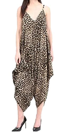 Image of Ladies Summer All In One Wear Italian Drape Relaxed Fit Baggy Playsuit Women’s Sleeveless Cami Strappy Neck Jumpsuit Italian Lagenlook Style Playsuit Jumpsuit (Brown Leopard UK 8-10)