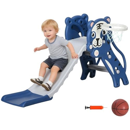 Image of AIYAPLAY Kids Slide, 3 in 1 Freestanding Toddler Slide with Basketball Hoop, Climber, Basketball, Indoor Outdoor Tiger-Themed Playset for Ages 18-36 Months, Blue