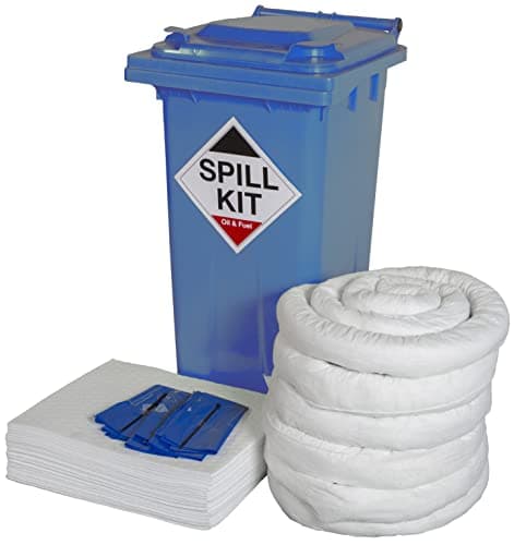 Image of Spill Kit for Fuel and Oils in compact 120 litre Blue Wheelie Bin. Easy to store and handle. Relocation to where it is needed. Use on all types of Oils and Machine Shop Coolant as well as Fuel leaks