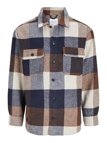 Image of JACK & JONES Mens Jjebradley Ollie Overshirt Noos Long Sleeve Shirt, Navy Blazer/Checks:Checks, XXL UK