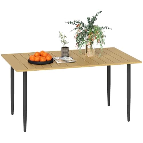 Image of Outsunny Garden Dining Table, 150 x 90 cm Rectangle Outdoor Table with 5 cm Parasol Hole, Slatted Tabletop and Steel Frame for Patio Balcony, (Table Only) Brown