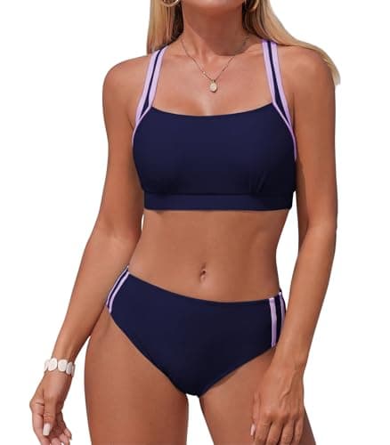 Image of Adigaber Women's Bikini Sets Mid-Waist Bottom Solid Bathing Suits Ladies Swimsuit Sporty Padded Beachwear Navy Blue