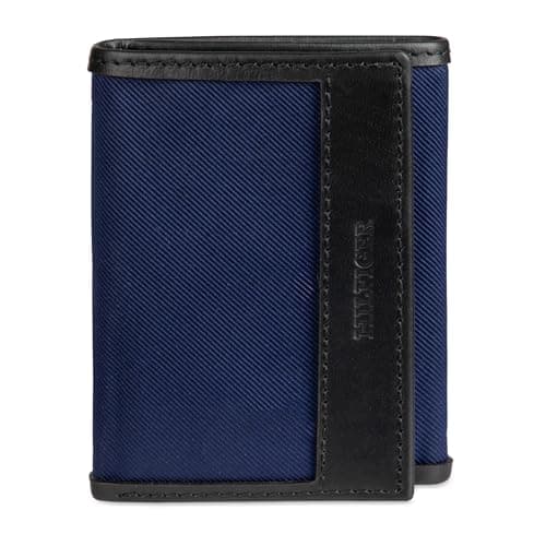 Image of Tommy Hilfiger Men's Tie Fabric, Black - Trifold, One Size, RFID Classic Stripe Fabric Inlay Leather Wallet - Passcase, Trifold and Magnetic Front Pocket