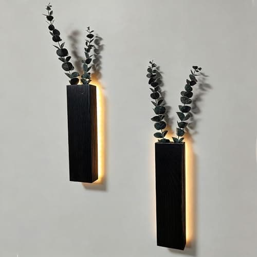 Image of 2 Pack Artificial Eucalyptus with LED Lights Wall Planters Rustic Wall Decor with Lights Wall Sconces for Room Decor Home Bedroom Living Room Hanging Vase for Dried Flowers Faux Plants (Black)