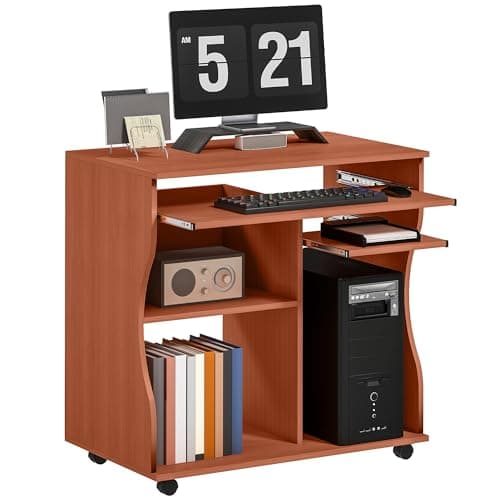 Image of HOMCOM Computer Desk with Sliding Keyboard Tray, Mobile Home Office Desk, Study Table with Storage Shelves, PC Desk on Wheels, Cherry Wood Colour