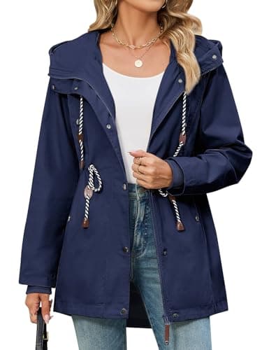 Image of Yuson Girl Women's Lightweight Jacket Cotton Outdoor Coat for Women UK Outdoor Ladies Jackets Casual Spring Autumn Windproof Parka with Hooded and Drawstring Zip Up Outerwear(Navy blue, XL)
