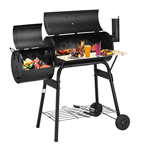 Image of TANGZON Charcoal Barbecue Grill, Barrel Drum BBQ Trolley with Temperature Gauge, Adjustable Vent, Grid Shelf & Wheels, Powder Coated Steel Outdoor Portable Smoker (with 2 Cooking Areas)