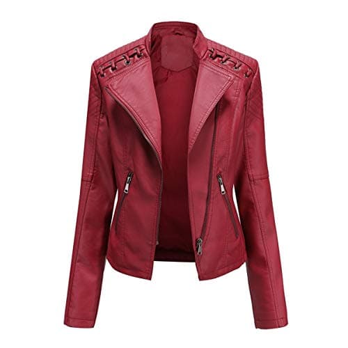 Image of YYNUDA Women's Stylish Faux Leather Jacket Zip Up Moto Biker Classic Short Jacket Coat Red L