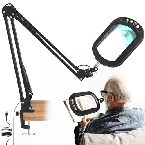Image of 10X Square Magnifying Glass with Light and Clamp, Real Glass LED Lighted Magnifier, Large 2 * 15‌″ Arm 5 Color Modes Stepless Dimmable, Hands-Free Desk Lamp for Reading Craft Hobby Close Work -Black