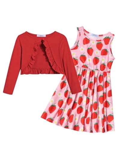 Image of Arshiner Girls Dress with Cardigan Sets Cotton 2Pcs Print Casual Swing Dresses Sleeveless Dress with Long Sleeve Ruffle Coat for Kids 7-8 Years