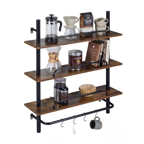Image of COSTWAY 3-Tier Floating Shelves for Wall, Industrial Pipe Shelving with LED Light, 4 S-Shaped Hooks, Wall Mounted Spice Rack Hanging Display Rack for Kitchen Living Room (No LED Light)
