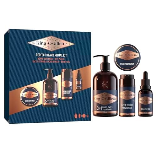 Image of King C. Gillette Men's Beard Grooming Gift Set, 3-in-1 Beard, Face & Hair Wash 350ml, Beard Softener, Face & Stubble Moisturiser, Complete Beard Care Kit with Sandalwood & Cedar Scent - Gift for Men