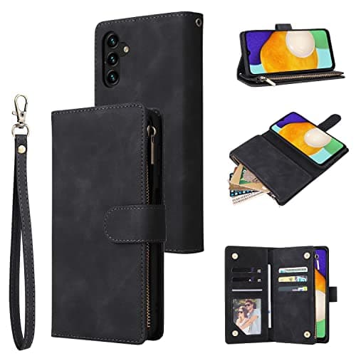 Image of QLTYPRI Case for Samsung Galaxy A55 5G, Large Capacity Leather Wallet Case 6 Card Holder & 1 Zipper Pocket Kickstand Wrist Strap Magnetic Protective Cover for Samsung A55 5G - Black