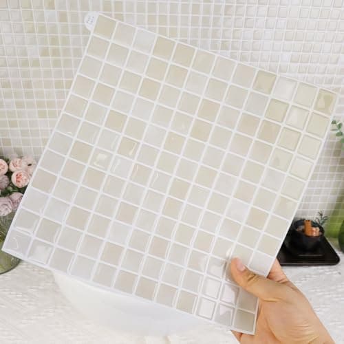 Image of Alwayspon 25.4x25.4cmx10Pcs Mosaic 3D Vinyl Wall Tile Sticker, Peel and Stick Self-Adhesive Waterproof Splashback Stick on Tile Decals for Kitchen Bathroom Wall, Mix White
