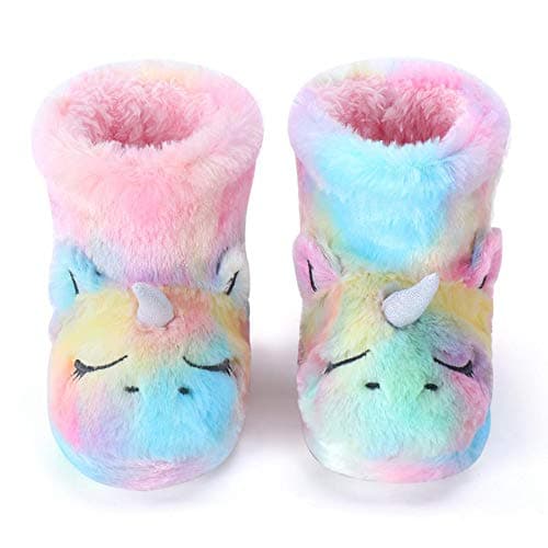 Image of Girls Booties Unicorn Kids Slippers Boots Rainbow with Colorful Warm Plush Fluffy Ankle Booties,Pink,8/9 UK Child