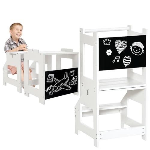 Image of HOMCOM Toddler Step Stool for Kids, 2 in 1 Foldable Step Stool with Security Rail and Chalkboard for Kitchen Bathroom, White