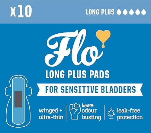 Image of Flo Sensitive Bladder Bamboo Long Plus Pads with Wings – Discreet, Ultra-Thin, Hypoallergenic - Medium Incontinence, Odour Control - 10 Pads