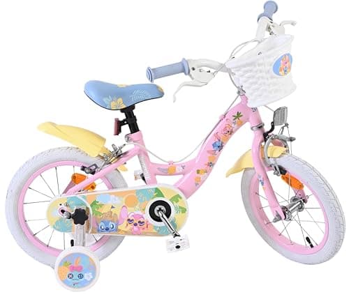 Image of Volare Disney Stitch Pink Bike | Ages 3.5-5 | 14 Inch Wheel | 2 Handbrakes (Front & Back Wheel), Removable Stabilisers & Pedal Reflectors | Adjustable Saddle Height | Handlebar Basket | Gift for Girls