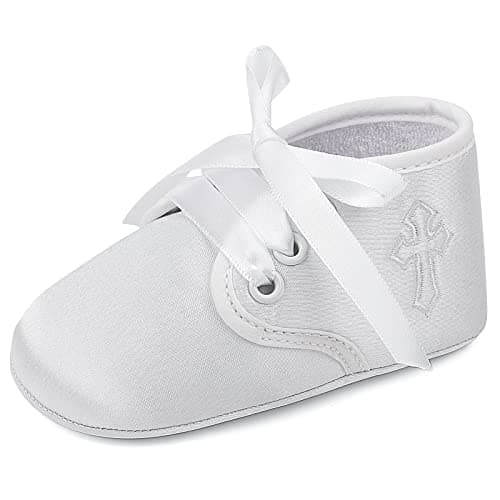 Image of LACOFIA Baby Boys Girls Christening Shoes White Soft Sole Infant Baptism Crib Shoes Prewalkers 6-12 Months