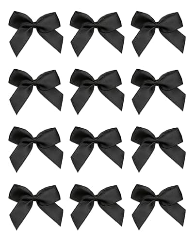 Image of Italian Options Small Satin Ribbon Bows, Self Adhesive Bow Decorations for Crafts, Gift Wrap, Hampers, Hair Bows, Wedding Stationery, Floristry, Christmas, Cakes, Crafting, Black, 12 Pack, 5 cm