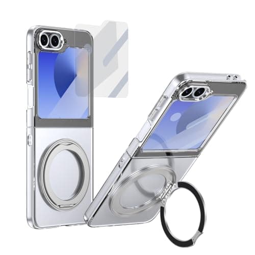 Image of Flip Case Compatible with Samsung Galaxy Z Flip 5 Case with Stand Built-in Screen Protector, 360°Rotatable Ring Kickstand, Military Grade Shockproof Protective Shell Cover, Crystal Clear (Silver)