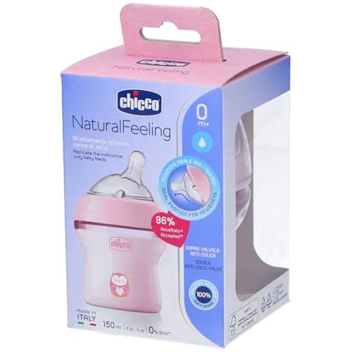 Image of Chicco Natural Feeling Anti-Colic Baby Bottle for 0+ Months, 150 ml, with Soft Silicone Teat and Double Valve, Natural and Instinctive Feel When Vacuuming, Plastic Bottle