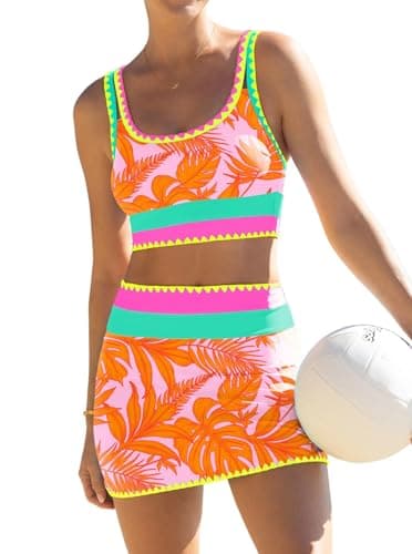Image of popvil High Waisted Bikini Sets for Women Tummy Control Swimsuits 3 Piece Bathing Suits Neon Swimwear with Skirt 2026, Orange, Large
