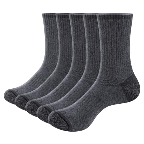 Image of YUEDGE Men's Walking Sports Socks, Combed Cotton Terry Cushioned Crew Socks, Anti Blister Work Socks OEKO Certified Moisture Wicking Mens Socks, Size 6-10, Grey, Multipack, 5 Pairs