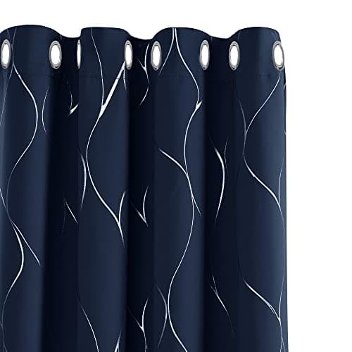 Image of Deconovo Eyelet Curtains, Blackout Curtains, Home Decoration Thermal Insulated Wave Line Foil Printed Material Curtains for Bedroom Windows, 46 x 54 Inch(Width x Length), Navy Blue, one pair