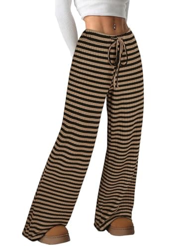 Image of Akiooue Womens Wide Leg Trousers UK Women's Palazzo Casual Loose Striped Trousers Elasticted Waist Stretch Pants with Drawstring 2025 Black and Brown