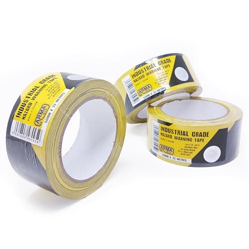 Image of ArmaKit Hazard Tape | 50mm wide (2") x 33m Length (Yellow/Black) 3 Pack - High Visibility Black and Yellow Diagonal Striped. Indoor/Outdoor All-Weather; Carpet, Tile, Wood, Stone, Concrete, Metal