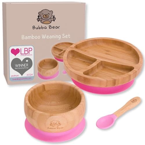 Image of Bubba Bear Baby Weaning Set | Bamboo Plates, Bowls & Spoons for Toddler Led Feeding | Suction Plate, Bowl & Spoon Sets for Babies from 6 Months | Optional Matching Kids BLW Bib (Pink)