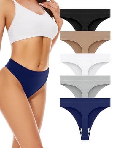 Image of VOENXE Seamless Underwear Thongs for Women,High Waisted No Vpl Knickers,High Rise No Show Ladies Workout Brazilian Tanga,Breathable Gym Sports Panties Multipack,Comfortable Soft Stretchy Undies,5-Pack