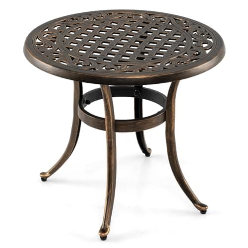 Image of COSTWAY 60cm Round Garden Side Table, Cast Aluminum Outdoor Coffee Table with Floral Pattern, All-Weather Retro Small Patio Bistro Snack End Tables for Balcony, Yard and Poolside, Antique Bronze