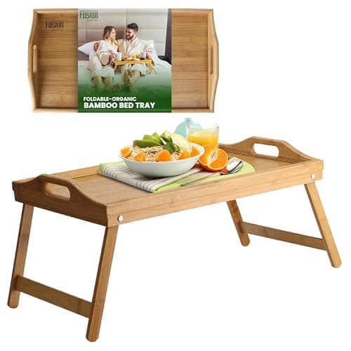 Image of Fusion Food Bamboo Bed Tray Table with Foldable Legs & High Edges Multipurpose Lap Desk Free Standing Wooden Desk for Breakfast in Bed Sofa Snack Trays Strong Durable Laptop Stand Easy to Clean