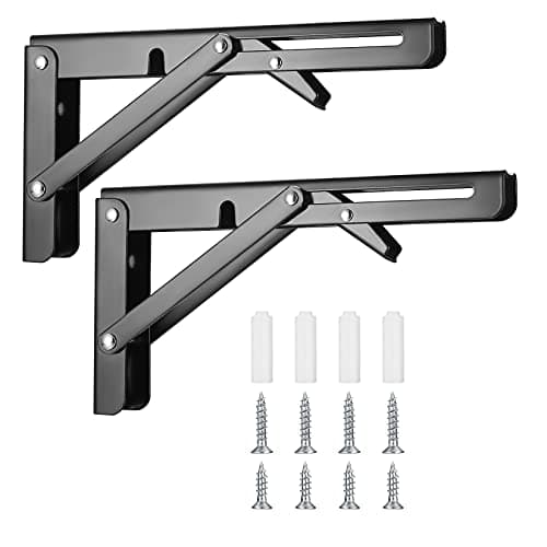 Image of 2 Pcs Folding Shelf Brackets, Heavy Duty Collapsible Shelf Bracket Wall Mounted, Metal Foldable L Right Angle Shelves Supporter Triangle Brackets for Bench Table Shelf, Black