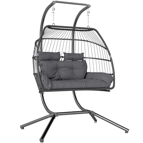 Image of Outsunny Rattan Double Hanging Egg Chair with Stand, Foldable Wicker Swing Egg Chair with Cushion, Head Pillows, Steel Frame, Hammock Chair for Indoor Outdoor, Capacity 260 kg, Dark Grey