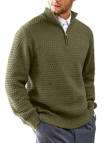 Image of HYPESTFIT Mens Quarter Zip Sweater Mock Neck Knitted Pullover Long Sleeve Jumper Casual Top Army Green S