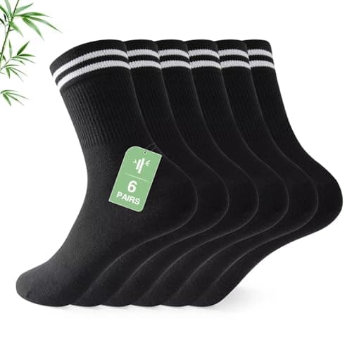 Image of FALARY Mens Socks 7-11 Ladies Black Sports Running Bamboo Crew Socks Women 6-8 Striped Anti Blister Soft Camfortable Fashion Mid-Calf for Gym Athletic Tennis Basketball 6 Pairs