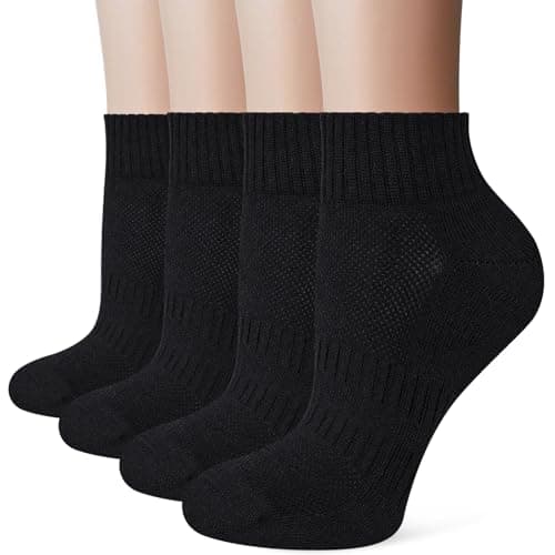 Image of Stoeury White Sports Ankle Socks Women, Anti Blister Cushioned Quarter Socks Mens Black, Ladies Trainer Walking Running Sock, Breathable Cotton Casual Athletic Gym Sock 4 Pairs, Black 3-5