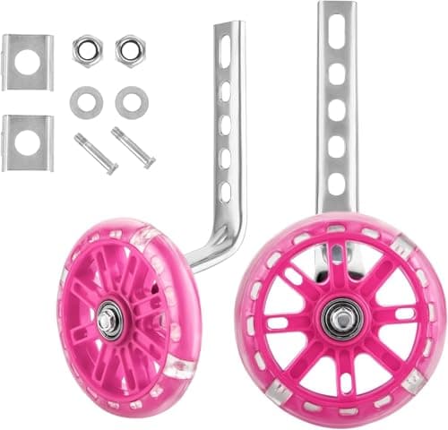 Image of M.J COMFY-LIFE Kids Bike Stabilisers Adjustable Training Wheels for 12"-20" Children's Bikes Steel Support Frame with Plastic Wheels (12cm Diameter) Easy to Install (Pink)