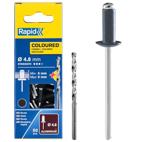 Image of Rapid High Performance Anthracite Grey Aluminium Rivets, Ø4.8 x 12 mm - 4mm Rivets for Gutters, Piping, and Sheet Metal - Includes Drill - 50 Pieces, Carton Boxed (5001470)