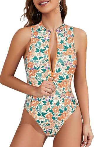 Image of SHEKINI Womens Zipper Sporty One Piece Swimsuit Racerback High Neck High Cut Rash Guard Sleeveless Tummy Control Swimwear(Floral Print-Light Orange,M)